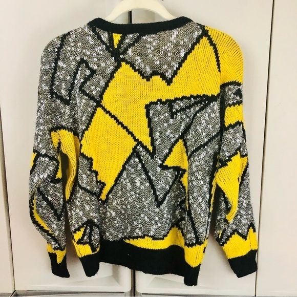 80’s Vintage Adele made in the USA 100% knit ugly holiday sweater yellow black M - Picture 2 of 5